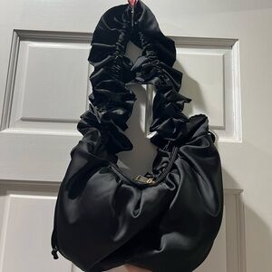 AKIRA Black Satin Ruffled Shoulder Bag Bubble Pop Electric